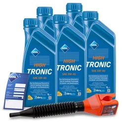 ARAL 5x 1 L HighTronic 5W-40 + Ölwechsel-Anhänger + Einfülltrichter 1505B4