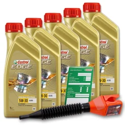 CASTROL 5x 1 L EDGE FLUID TITANIUM 5W-30 A5/B5 + Ölw.-Anhänger + Trichter 15BAE7
