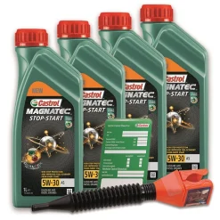 CASTROL 4x 1 L Magnatec STOP-START 5W-30 A5 + Ölwechsel-Anhänger + Einfül 15CA42
