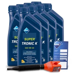 ARAL 8x 1 L SuperTronic K 5W-30 + Ölwechsel-Anhänger + Trichter 15DBCB